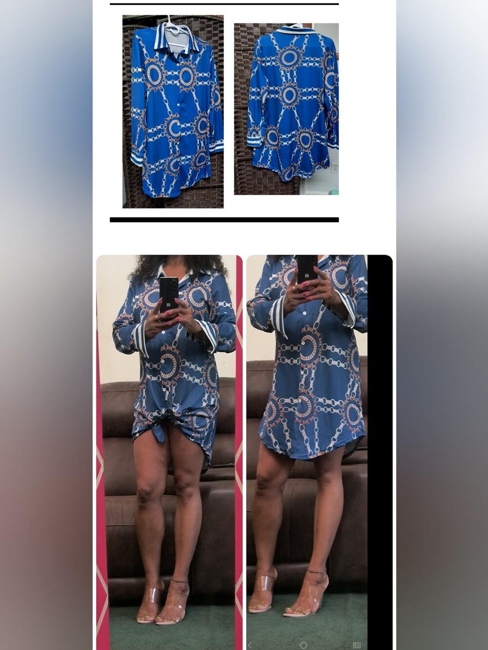Blue Chain-Print Button-Front Women's Shirt Dress